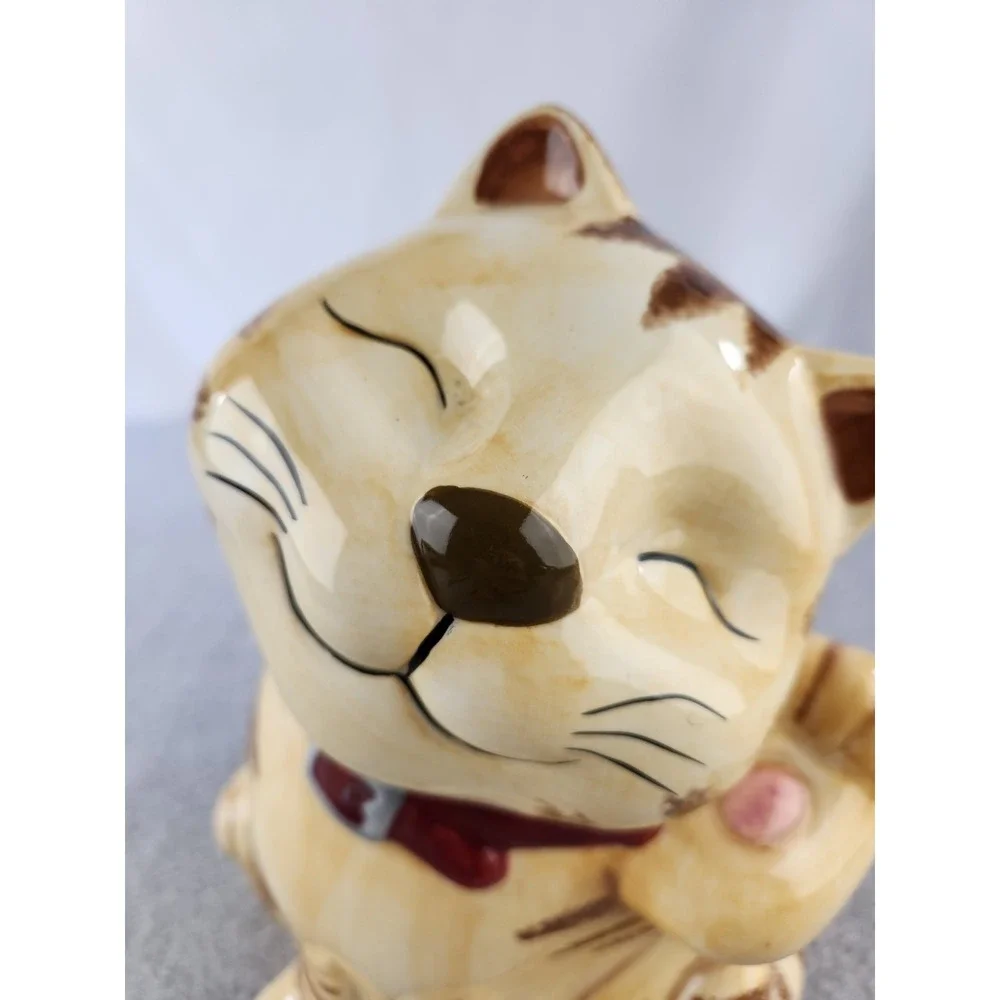 GKAO Scratching Cat Cookie Jar Tan Tabby Orange Smiling Kitten‎ Treat Holder